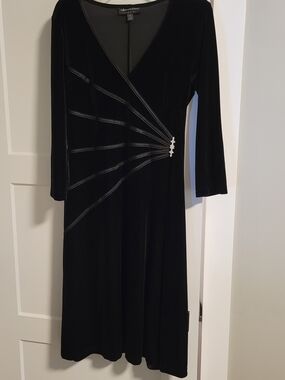 connected apparel Black Velvet Faux-Wrap Dress with Rhinestone Accent